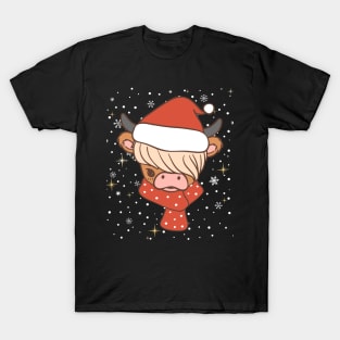 Christmas Scottish Highland Cow Santa Hat Mistletoe Heifer T-Shirt